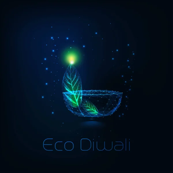 深蓝色背景下具有未来主义低多边形Diya灯和绿叶的生态Diwali概念. — 图库矢量图片