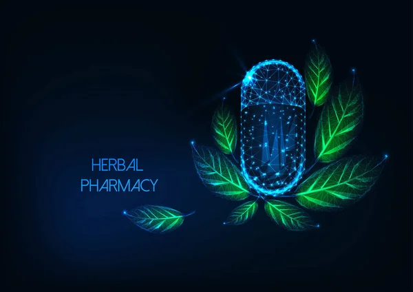 Futurisztikus ragyogó alacsony poligonális gyógynövény gyógyszertár koncepció kapszula tablettát és zöld levelek. — Stock Vector