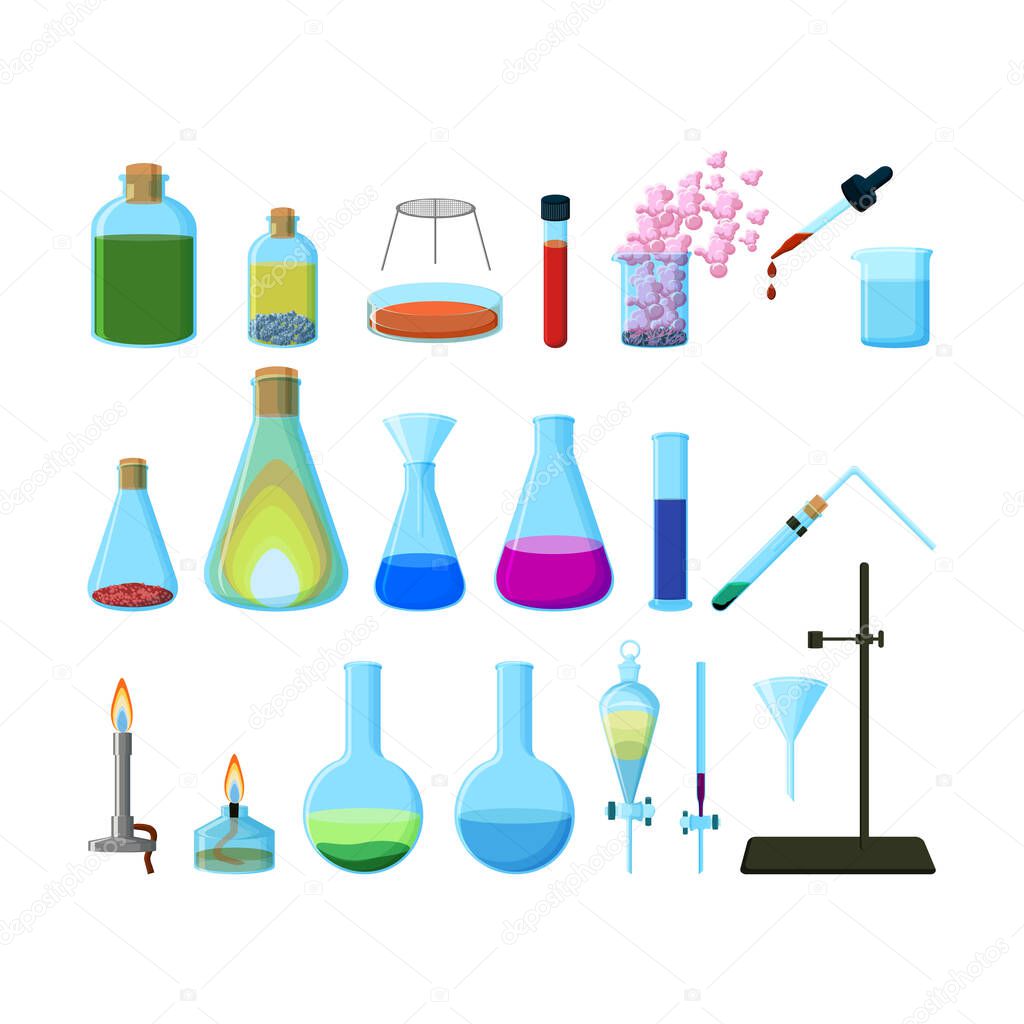 Set of bright colorful chemical laboratory glassware isolated on white background.