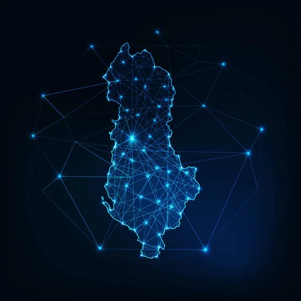 Albania mappa profilo silhouette incandescente fatta di stelle linee puntini triangoli, forme poligonali basse . — Vettoriale Stock