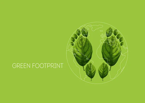 Concepto de protección del medio ambiente con huellas ecológicas hechas de hojas verdes y mapa del planeta Tierra — Vector de stock