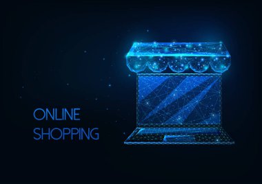 Parlayan düşük çokgen dizüstü bilgisayarı olan gelecekçi online alışveriş kavramı