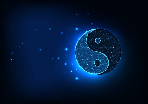 Futuriste lumineux faible symbole yin yang polygonale isolé sur fond d'espace bleu foncé. — Image vectorielle
