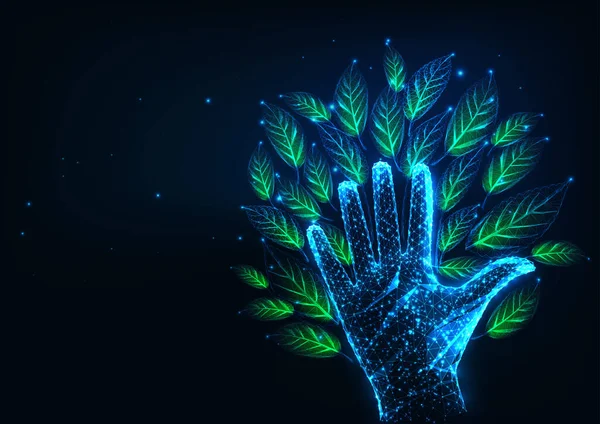 Conceito de responsabilidade ambiental futurista com árvore poli brilhante feito de mão e folhas — Vetor de Stock