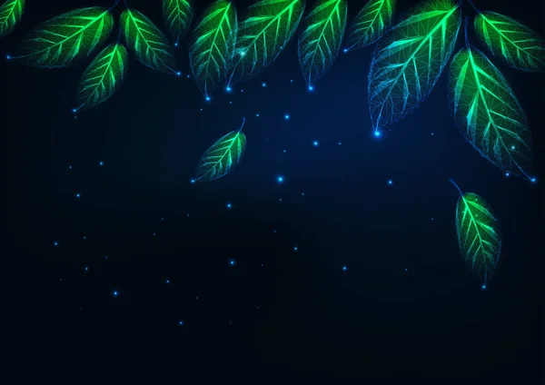 Paysage naturel abstrait futuriste la nuit bannière avec des feuilles vertes polygonales incandescentes — Image vectorielle