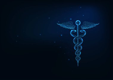 Koyu mavi arka planda parlak, düşük çokgen Caduceus tıbbi sembolü.