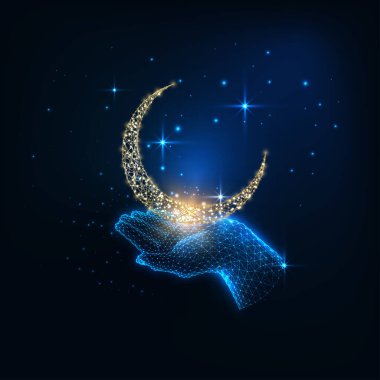 Parlayan düşük çokgen kadın elinin altın hilal şeklindeki ayı tuttuğu fütürist mistik bir kavram.