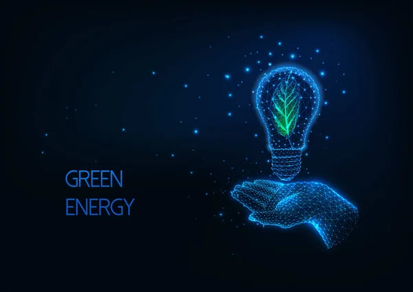 Futurystyczna zielona koncepcja energii odnawialnej z świecącą niską wielokątną ręką trzymającą żarówkę — Wektor stockowy