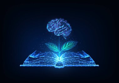 Geleceğe ait bilgi, eğitim, yaratıcılık kavramı. Parıldayan düşük çokgen açık kitap ve beynin bir çiçek gibi olduğu kaplama.