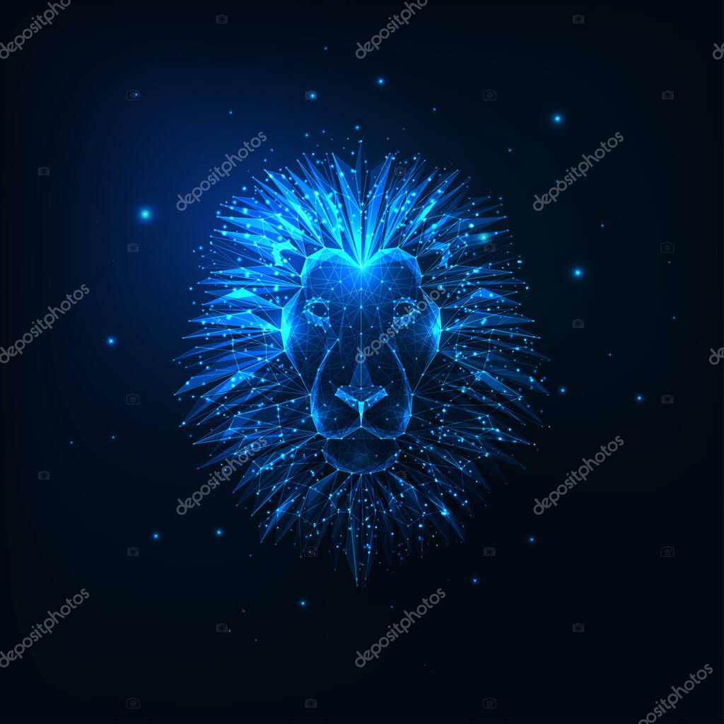 Futuristic glowing low polygonal lion head isolated on dark blue background. Modern wire frame mesh design vector illustration.