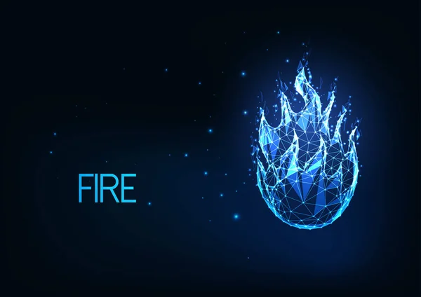 Futuriste incandescent feu polygonal, feu de camp, flamme bleu vif isolé sur fond bleu foncé. — Image vectorielle
