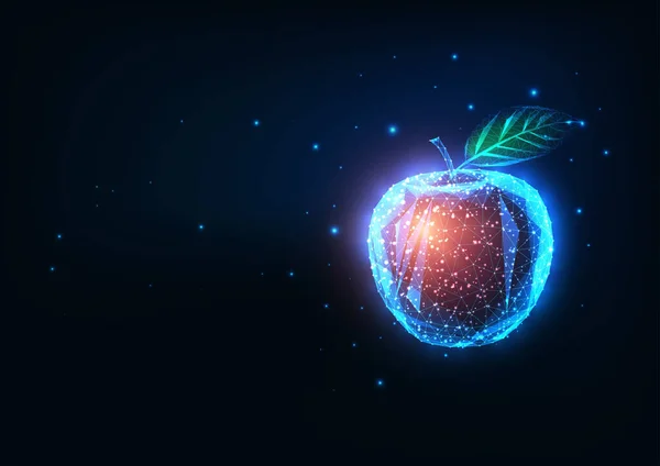 Biotecnología futurista, concepto de ingeniería alimentaria con brillante manzana roja poligonal baja — Vector de stock