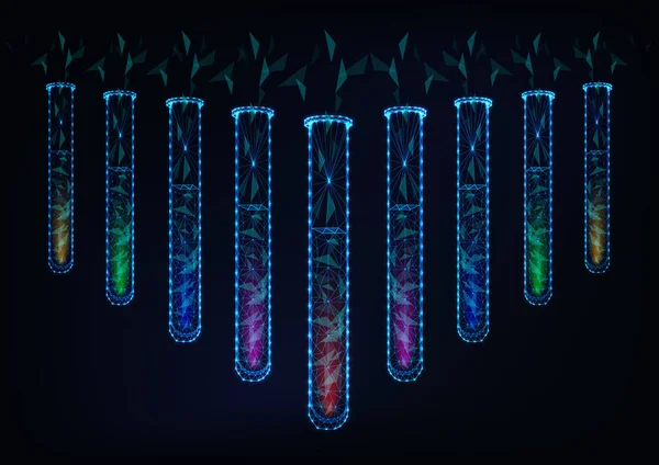Colorido conjunto brillante de tubos de ensayo de laboratorio con líquidos abstractos. Concepto de análisis químico. — Vector de stock