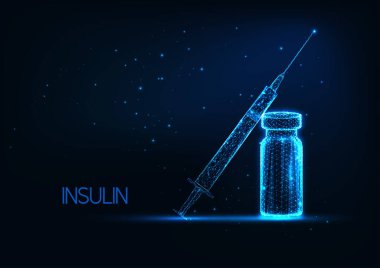 Parlayan düşük çokgen şişe ve şırınga ile insülin konsepti ile gelecekçi diyabet tedavisi