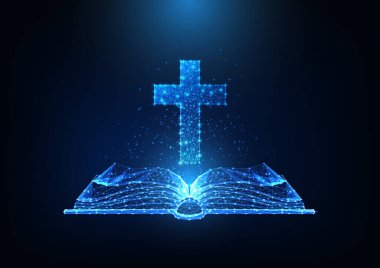 Parlayan düşük çokgen açık İncil ve Hıristiyan haçı ile gelecekteki Hıristiyanlığa ibadet kavramı