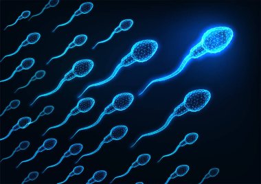 Koyu mavi arka planda parlak, düşük çokgen insan sperm hücreleri.