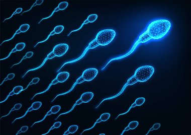 Futuristic glowing low polygonal human sperm cells on dark blue background. clipart