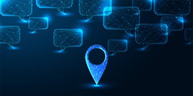 Yer belirleme, akıllı şehirler ve yapay zeka mesajlaşması parlayan çokgen konum işaretleyicisi ve konuşma baloncuklarıyla temsil ediliyor. Gelecekçi düşük polimerli dijital vektör çizimi.