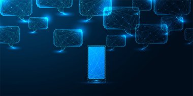 Parlayan çokgen mobil cihaz ve sohbet baloncuklarıyla yapay zeka ile çalışan akıllı telefon mesajlaşma kavramı. İletişim, dijital medya, teknoloji arayüzü temaları için gelecekçi düşük polimer tarzı. Vektör illüstrasyonu