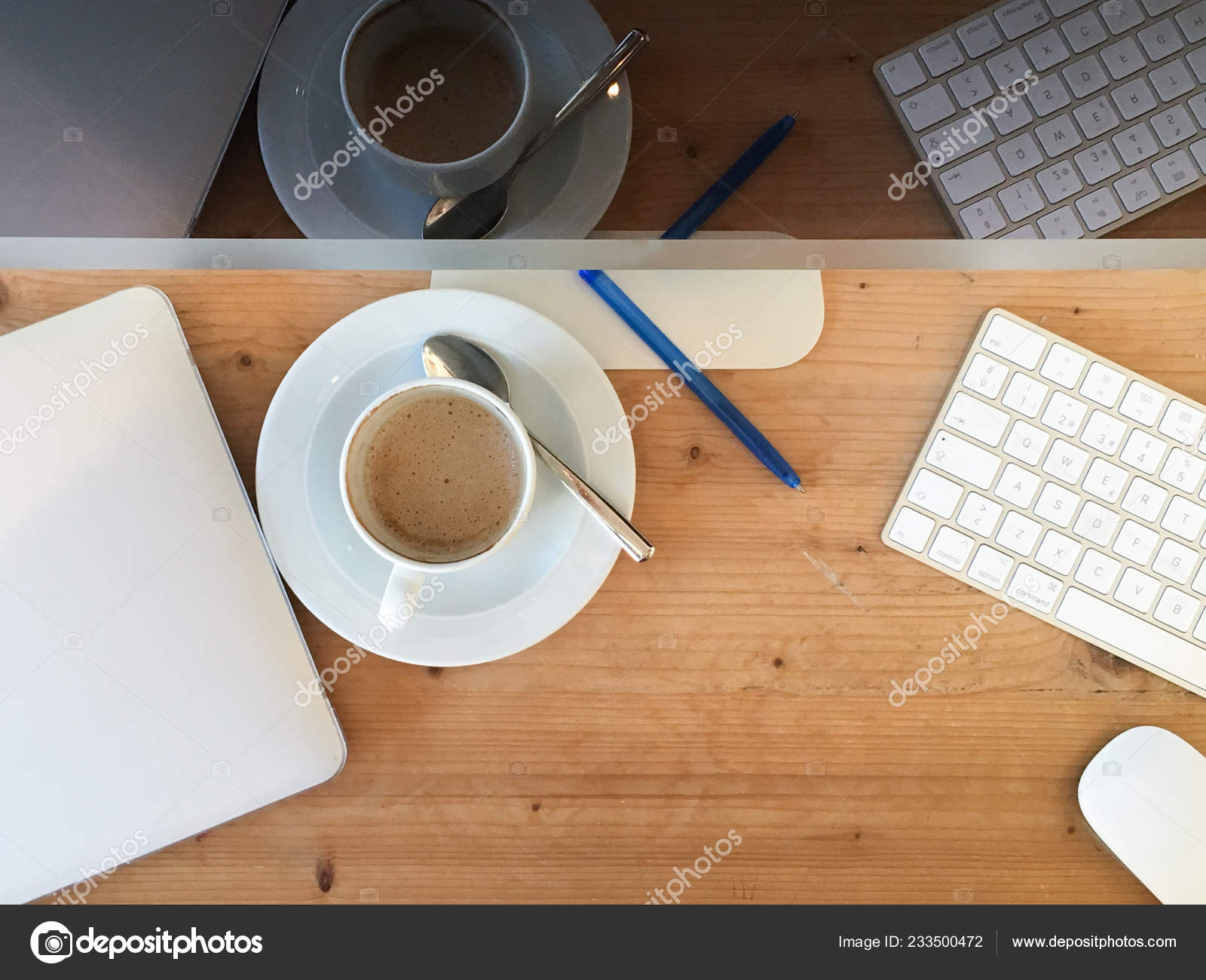 Flat Lay Top Composition View Cup Coffee Next Office Devices