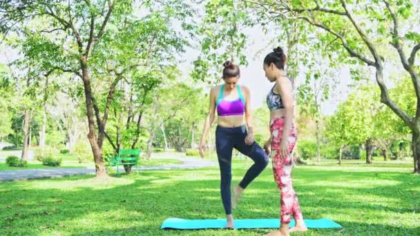 Kadın Parkta Yoga Öğretir Yoga Yapmak Halka Açık Parkta Dinlenmek — Stok video