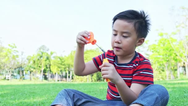 公園で泡を吹く若い男の子 アジアの少年は公園で彼のバブルの混合物で遊んで楽しんで — ストック動画