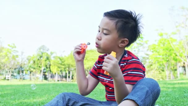 公園で泡を吹く若い男の子 アジアの少年は公園で彼のバブルの混合物で遊んで楽しんで — ストック動画