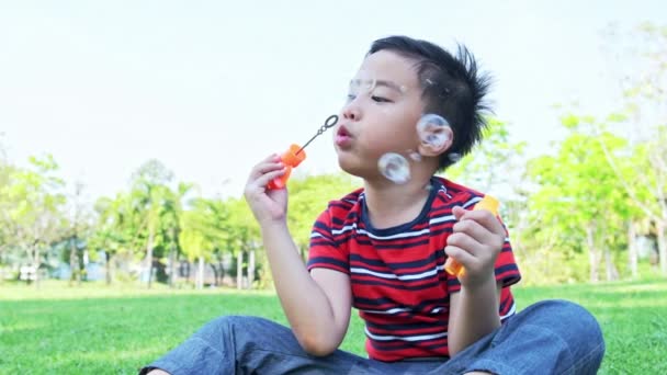 公園で泡を吹く若い男の子 アジアの少年は公園で彼のバブルの混合物で遊んで楽しんで — ストック動画