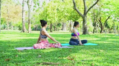 Kadın parkta Yoga öğretir. Yoga yapmak ve halka açık parkta dinlenmek.