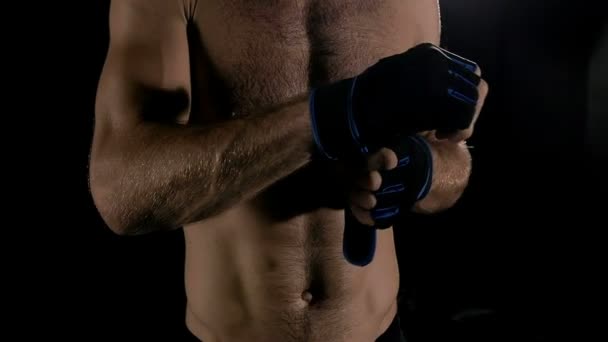 Man Putting Mma Glove Slow Motion Black Background White Male — Stock Video