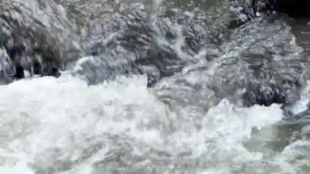 Rivière de montagne fraîche et propre qui coule entre les rochers au ralenti. Pris en plein air par temps nuageux .