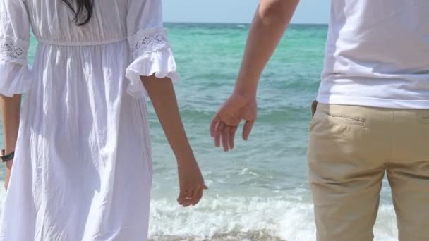 Attraente Giovane Coppia Divertirsi Sulla Spiaggia Guardando Oceano Giovane Donna — Video Stock