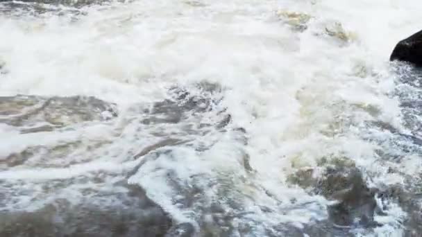 Wilder Sauberer Frischer Gebirgsfluss Der Zeitlupe Zwischen Felsen Fließt Bewölkten — Stockvideo