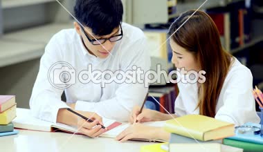 Genç öğrenci Kitaplığı'nda çalışmak. Çalışma yaparken mutlu Asyalı kadın ve erkek üniversite öğrencileri araştırma Danışma, kitapları ile kitaplığındaki defter. Okul eğitim çeşitlilik kavramı için geri.