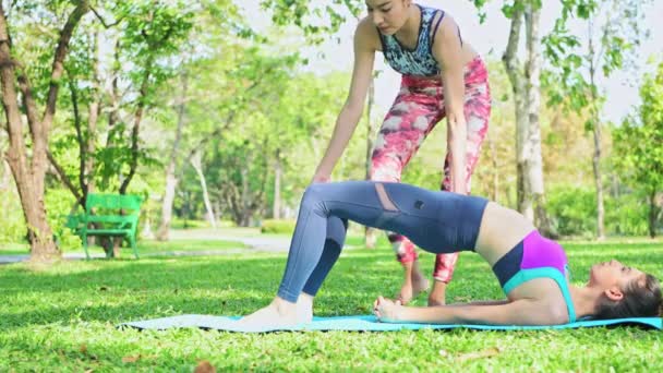 Frau Unterrichtet Yoga Park Yoga Praktizieren Und Öffentlichen Park Entspannen — Stockvideo