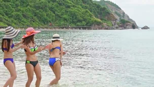 Китайський Красунями Пляжі Група Привабливі Молодий Китайський Жінок Веселяться Пляжі — стокове відео