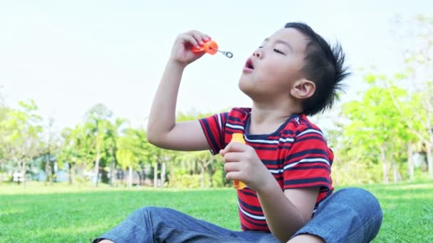 Junge Pustet Blase Park Asiatische Junge Genießen Spielen Mit Seine — Stockvideo