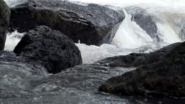 在缓慢运动的岩石之间流动的干净的淡水河流 在多云的日子采取户外 — 图库视频影像