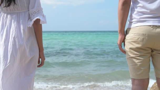 Attraente Giovane Coppia Divertirsi Sulla Spiaggia Guardando Oceano Giovane Donna — Video Stock