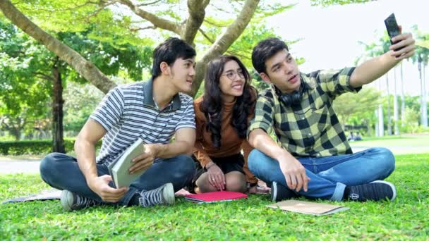 公園にいる学生一緒に勉強します 中国の男性と女性のティーンエイジャーが一緒に芝生に座って自分撮りをします — ストック動画