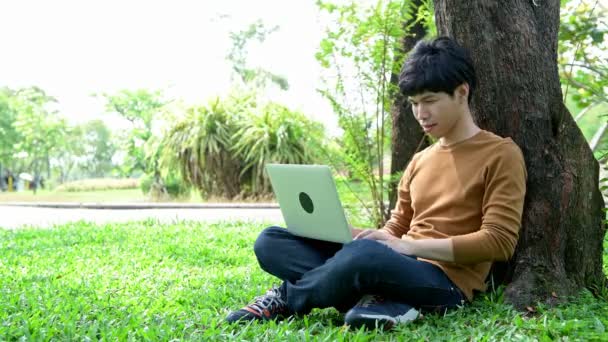 Jovem Usando Laptop Parque Sentado Grama Perto Uma Árvore Grande — Vídeo de Stock