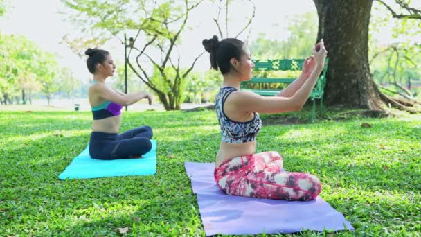 Mujer Enseña Yoga Parque Practicar Yoga Relajarse Parque Público — Vídeos de Stock
