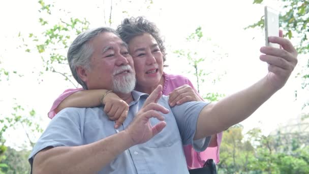 Senior Pár Parkban Kerekesszékben Kínai Öreg Pár Parkban Pihentető Mosolygós — Stock videók