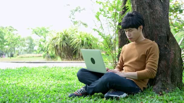 年轻人在公园里使用笔记本电脑 坐在一棵大树附近的草地上 放松一下 用一台笔记本电脑 具有复制空间 — 图库视频影像