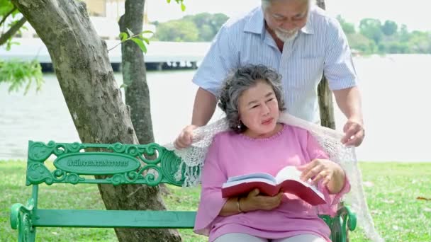 Sladký Starší Pár Relaxační Parku Starý Asijský Muž Sedící Lavičce — Stock video