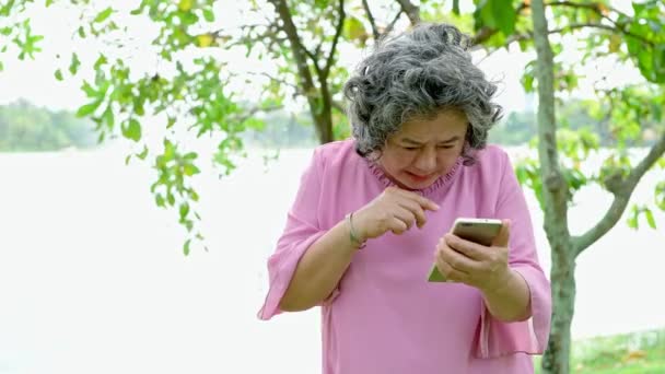 老年妇女在公园里用手机 老亚洲妇女在公园站着 并试图使用手机 — 图库视频影像