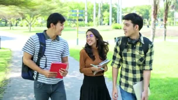 Estudiantes Adolescentes Caminando Parque Asiático Hombres Mujeres Concepto Educación — Vídeo de stock