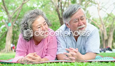 Parkta yaşlı bir çift. Parkta Çinli eski çift, rahatlatıcı, gülümseyen ve birbirleriyle konuşmak.