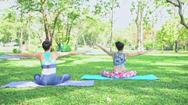 Kadın parkta Yoga öğretir. Yoga yapmak ve halka açık parkta dinlenmek.