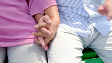 Kıdemli insanlar el tutuyorlar. Eski Asyalı Çift Park el tutuyor. Kıdemli yaşam tarzı konsepti.